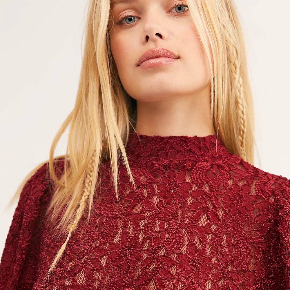 Free People Sweet Talker Floral Lace High Neck Puff Sleeve Blouse, Size S - Picture 7 of 16